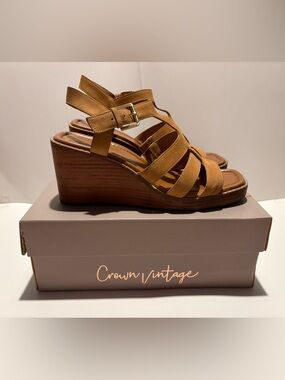 Crown Vintage Mustard Tan Strappy Wedge Sandals